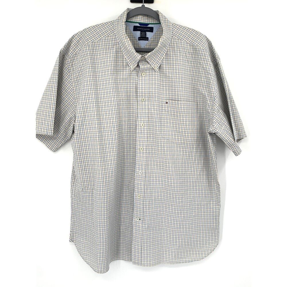 Tommy Hilfiger Beige Plaid Cotton Men's Short Sleeve Button Up Shirt Size XXL - Picture 5 of 9